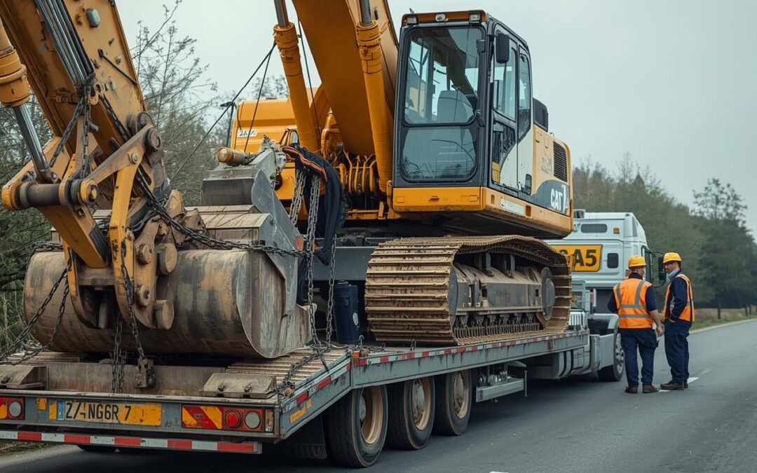 Transport maszyn budowlanych na niskopodwoziowej lawecie – bezpieczny załadunek koparki ograniczający ryzyko urazów kręgosłupa u pracowników