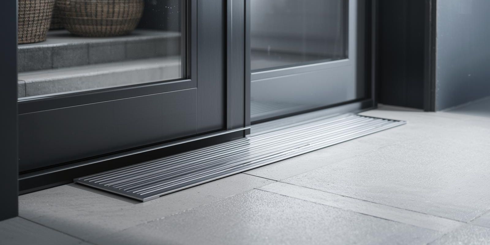 Niski próg nowoczesnych drzwi zewnętrznych ułatwiający bezpieczne przejście osobom po rehabilitacji