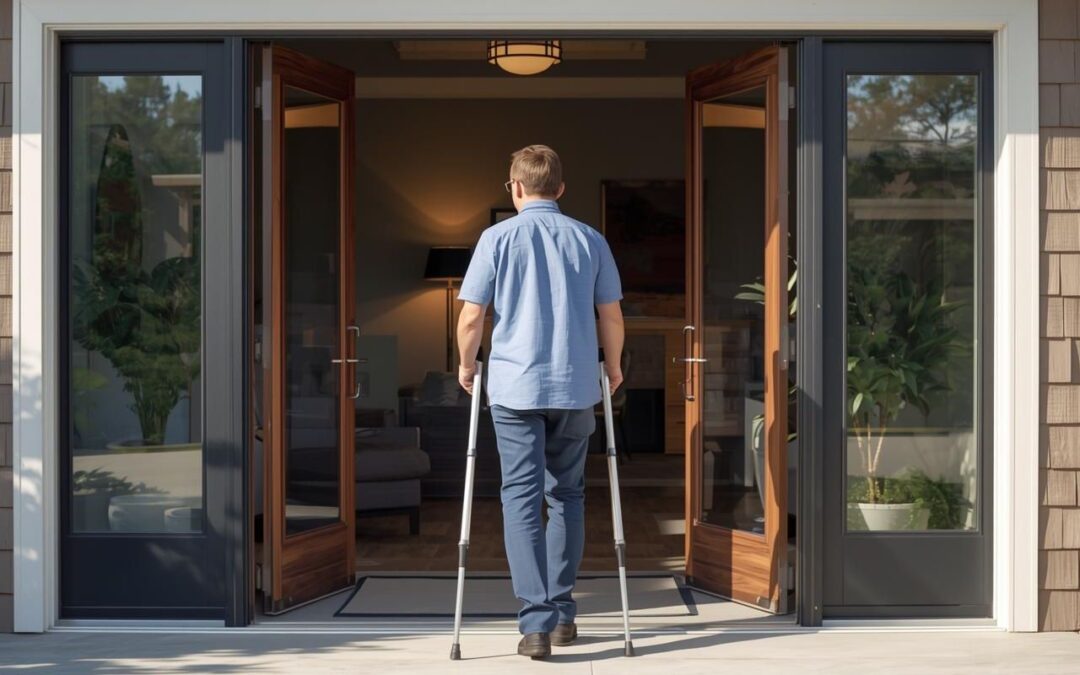 Osoba po rehabilitacji przechodząca przez szerokie drzwi wejściowe domu