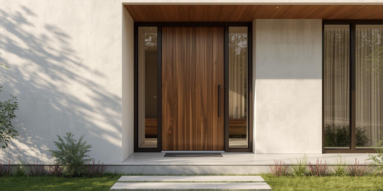 Szerokie drzwi wejściowe do domu z niskim progiem ułatwiające dostęp osobie w trakcie rehabilitacji